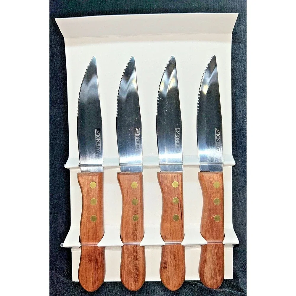 4  NIB Oneida Jumbo Steak Knives Wood Handles Stainless Serrated Blades